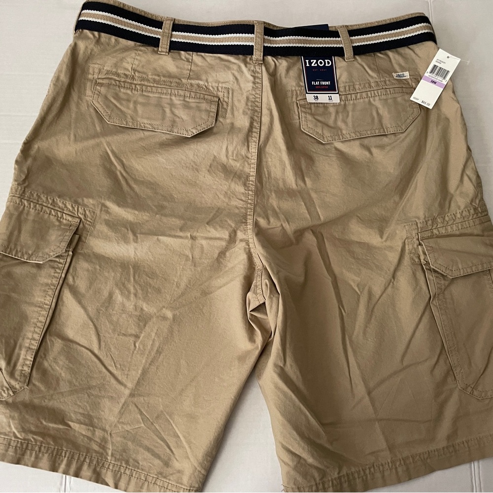 Izod Cedarwood Khaki Belted Cargo Shorts Flat Front 100% Cotton Men's Sz 38 NWT